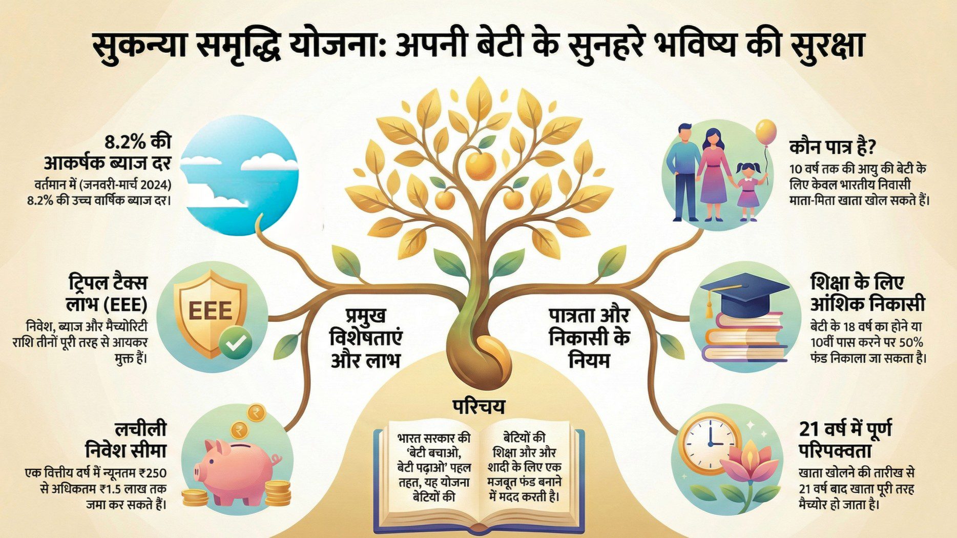 सुकन्या समृद्धि योजना की जानकारी दर्शाती सरल हिंदी इन्फोग्राफिक