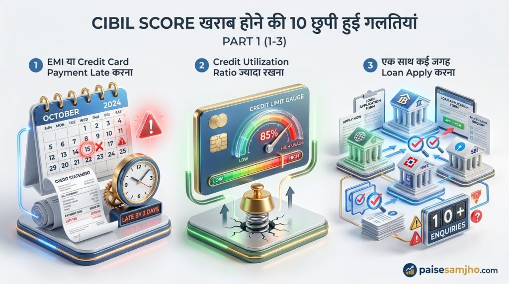 CIBIL score mistakes infographic by paisesamjho.com showing three common credit mistakes: late EMI or credit card payment with a missed due date calendar, high credit utilization ratio shown on a credit meter, and applying for multiple loans at different banks causing multiple enquiries. Clean finance education design with realistic banking visuals. CIBIL Score Kaise Badhaye