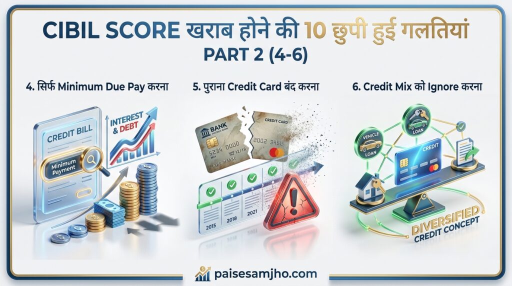 CIBIL score mistakes infographic by paisesamjho.com explaining three credit mistakes: paying only the minimum due on credit card bills with increasing interest, closing an old credit card affecting credit history, and ignoring credit mix with credit card, home loan, and vehicle loan icons. Professional financial awareness graphic.