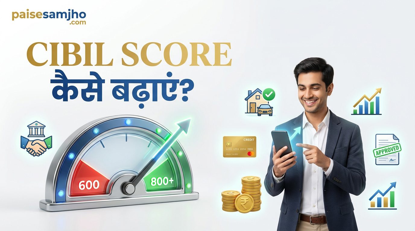 CIBIL Score कैसे बढ़ाएं featured image by paisesamjho.com showing a rising credit score meter reaching 800+, financial growth chart, credit card, loan approval document, and smart money management concept. A person improving their credit profile through better financial habits with a clean modern finance education design. CIBIL Score Kaise Badhaye