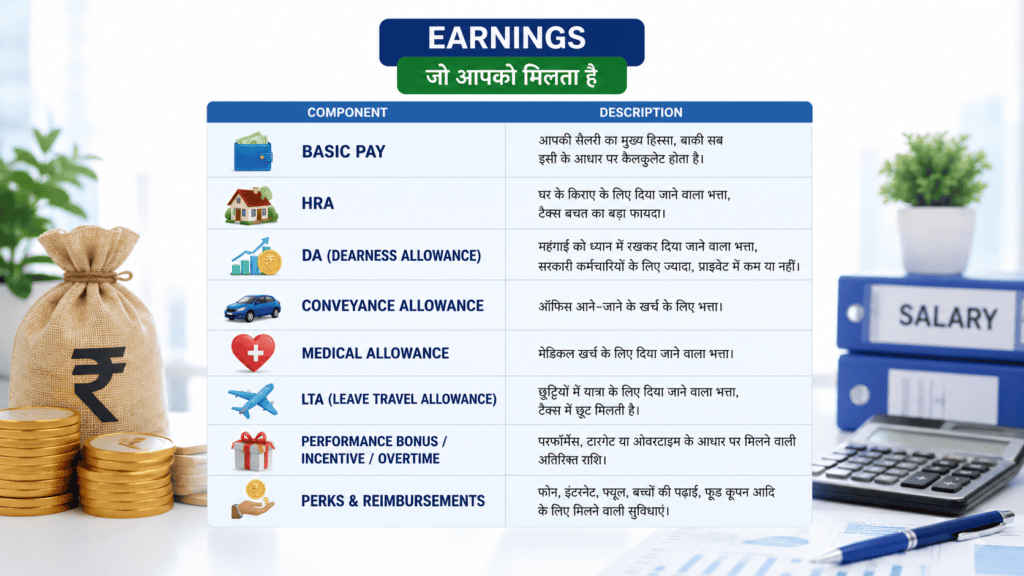Salary slip earnings infographic showing the main earning components including Basic Pay, HRA, Dearness Allowance (DA), Conveyance Allowance, Medical Allowance, Leave Travel Allowance (LTA), Performance Bonus, Incentive, Overtime, and Perks & Reimbursements. The image features salary-related financial icons, rupee symbols, payroll documents, and a clean office-themed design explaining the earnings section of a salary slip.