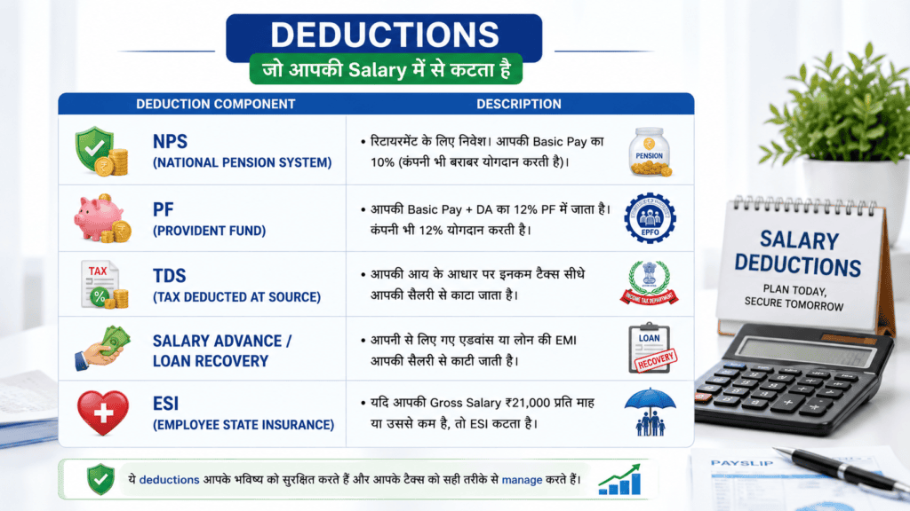 Salary slip deductions infographic showing the main deduction components including NPS (National Pension System), Provident Fund (PF), Tax Deducted at Source (TDS), Salary Advance or Loan Recovery, and Employee State Insurance (ESI). The image includes payroll documents, calculator, rupee symbols, tax icons, and retirement savings visuals in a clean office-themed financial education design.
