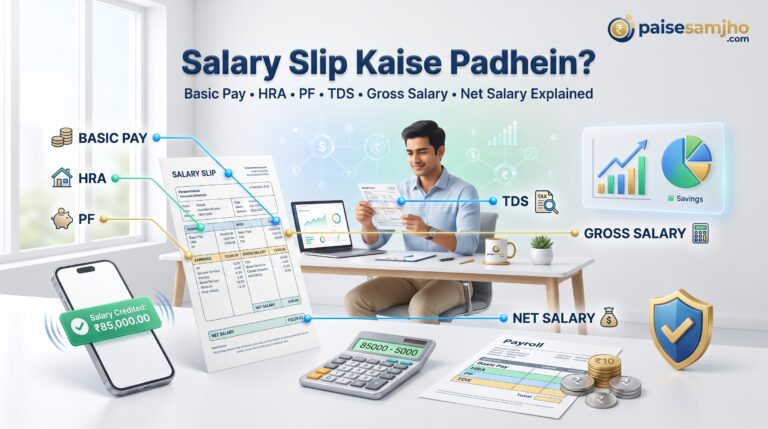 Salary Slip Kaise Padhein featured image by paisesamjho.com showing a salaried employee reviewing a salary slip with highlighted sections for Basic Pay, HRA, PF, TDS, Gross Salary, and Net Salary. The image includes a calculator, salary credited notification, rupee symbols, financial charts, and payroll documents in a clean, modern finance education design.