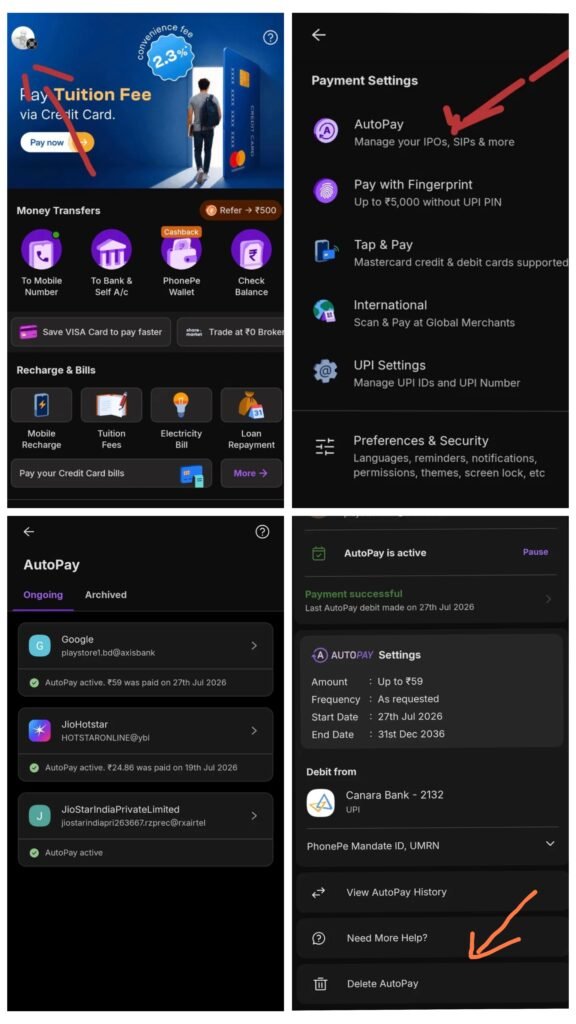 PhonePe AutoPay Details page दिखाता हुआ स्क्रीनशॉट जिसमें Google Play AutoPay active है और Delete AutoPay का option नीचे दिख रहा है